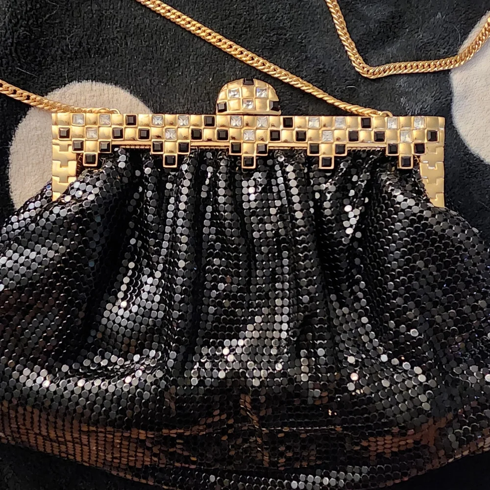 Whiting & Davis vintage black metal mesh evening frame crossbody bag clutch